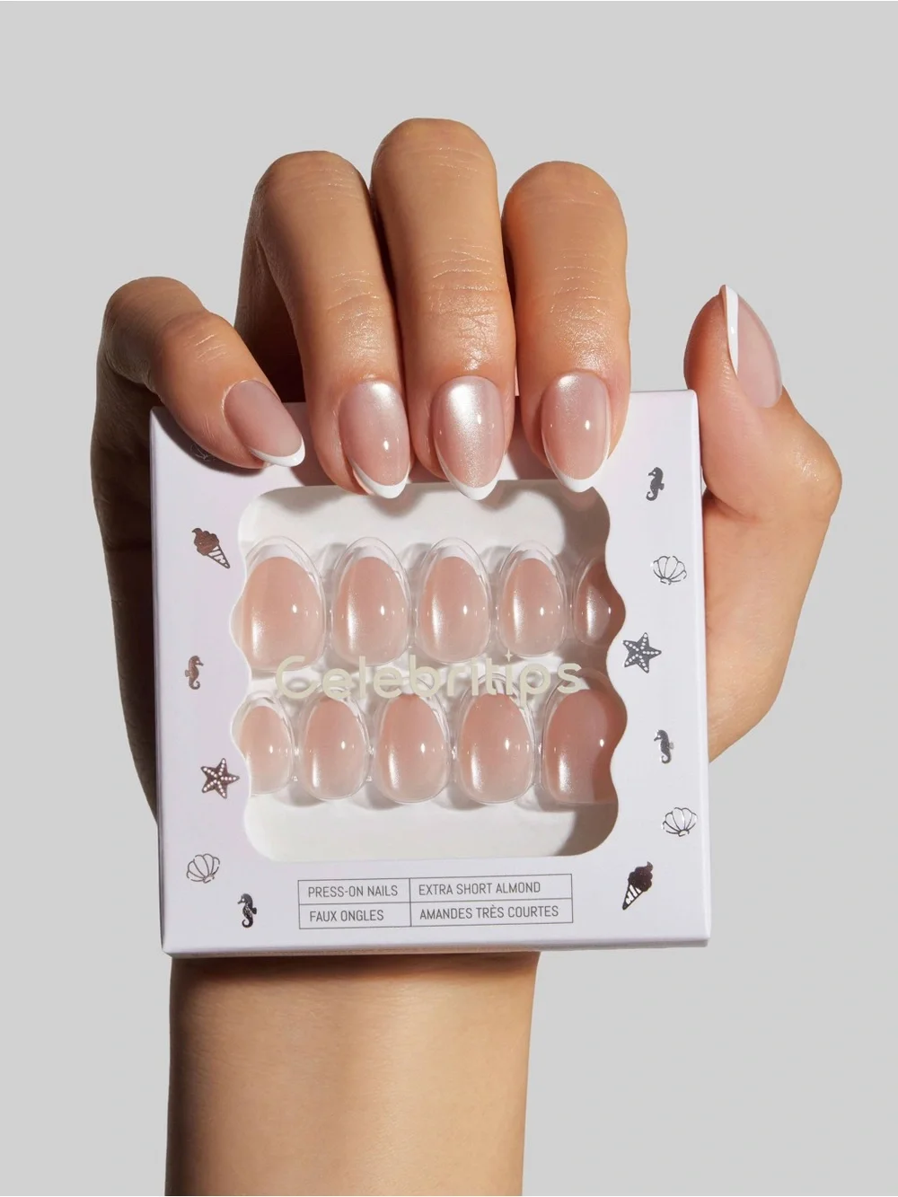 NIB Celebritips In Crystal Halo Almond French Tip Press On Nails 32pc